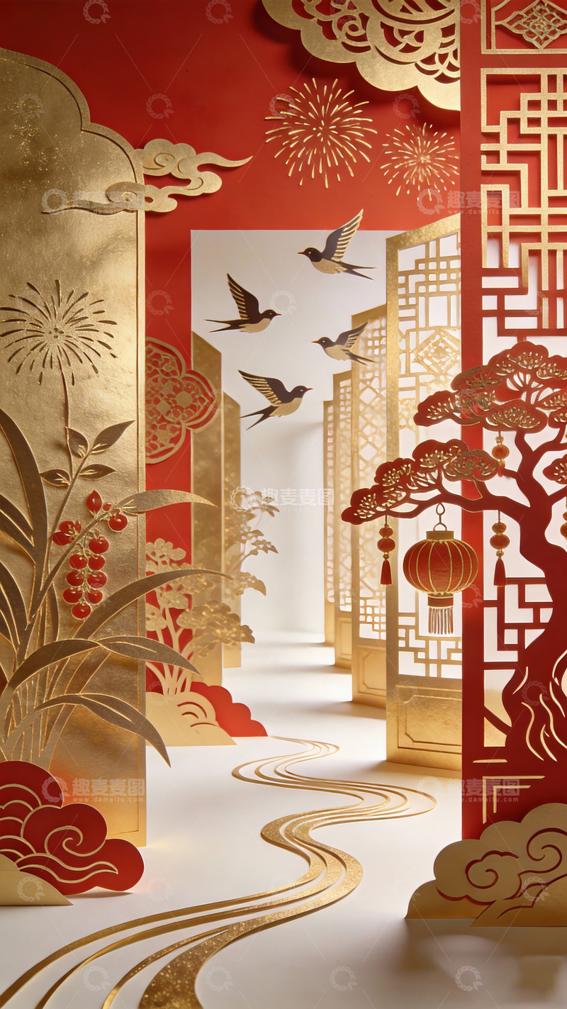 高清大图下载【趣麦麦图】中式新年喜庆场景剪纸艺术