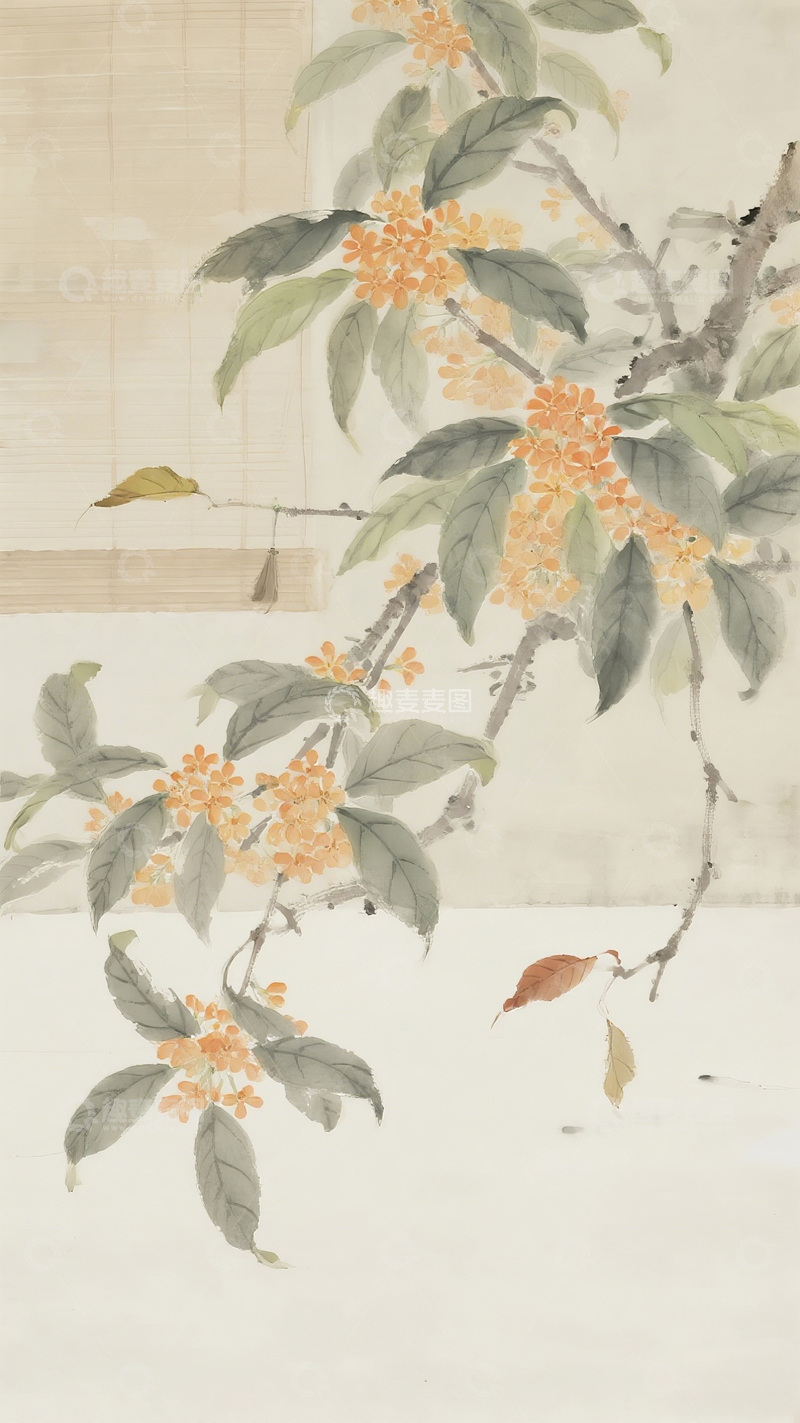 高清大图下载【趣麦麦图】国画风格桂花枝条装饰画
