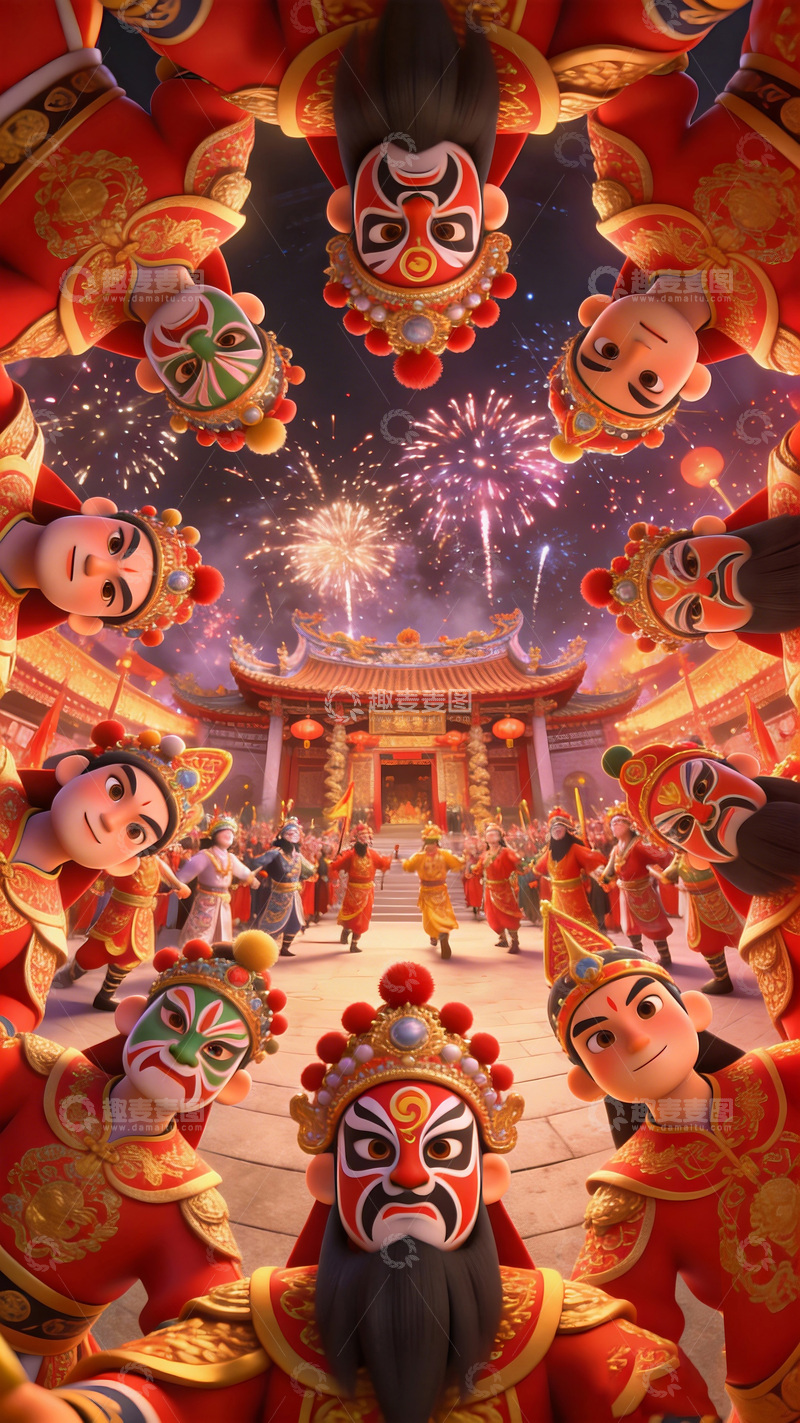 高清大图下载【趣麦麦图】喜庆春节京剧人物烟花庆祝图