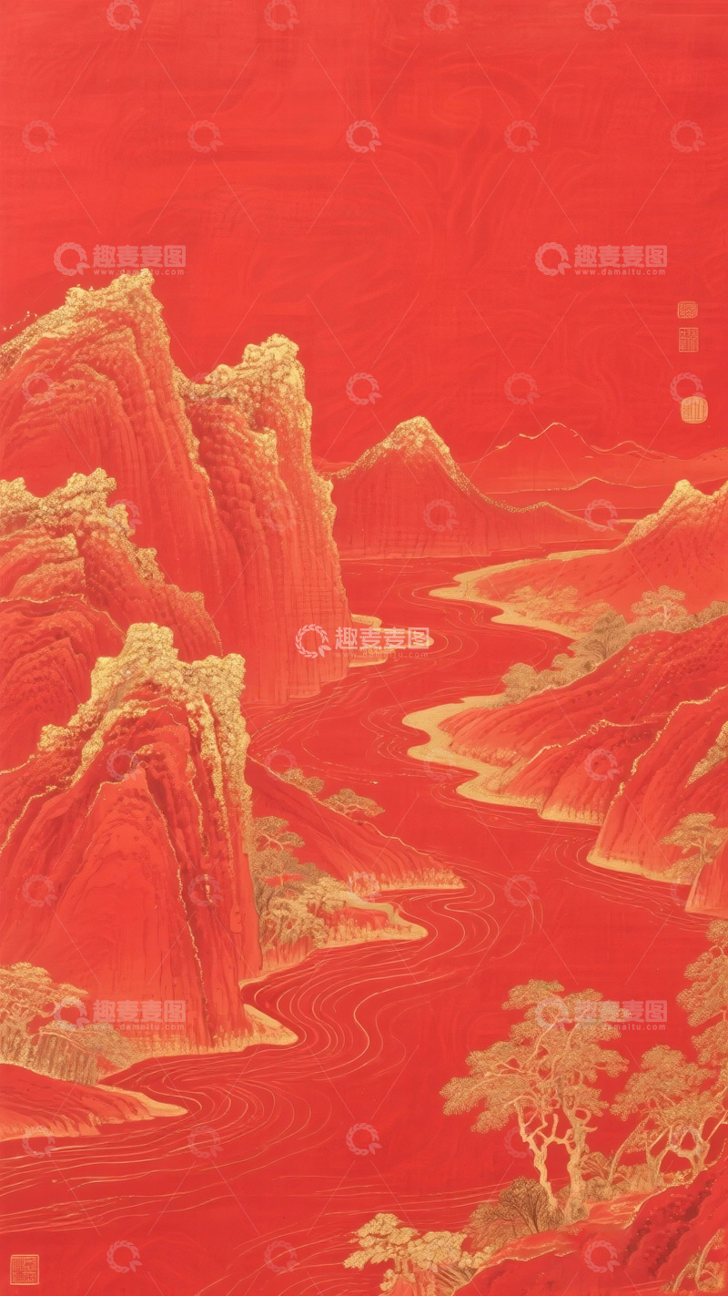 高清大图下载【趣麦麦图】红色山水画传统中国艺术