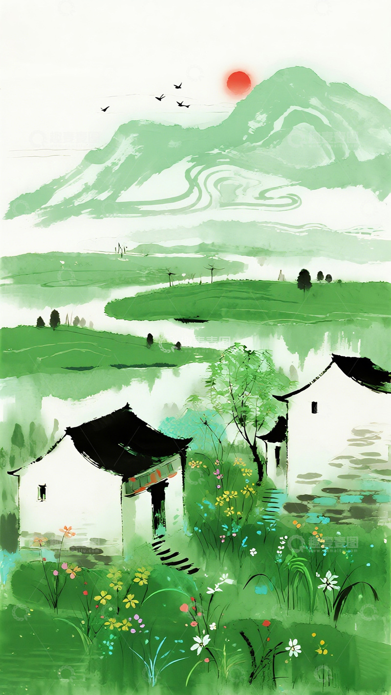 高清大图下载【趣麦麦图】水墨乡村风光国画