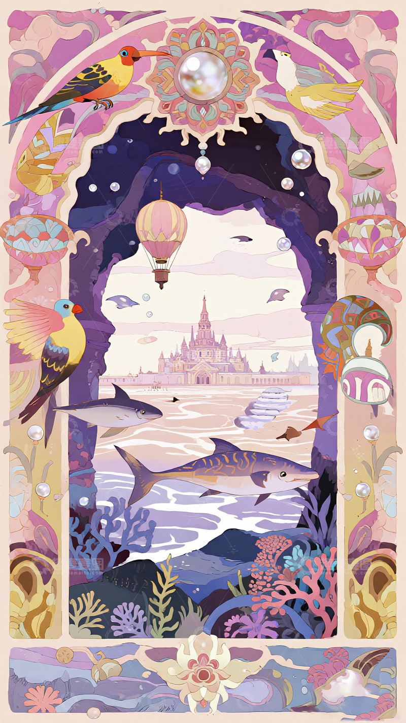 高清大图下载【趣麦麦图】梦幻城堡热气球海洋生物插画