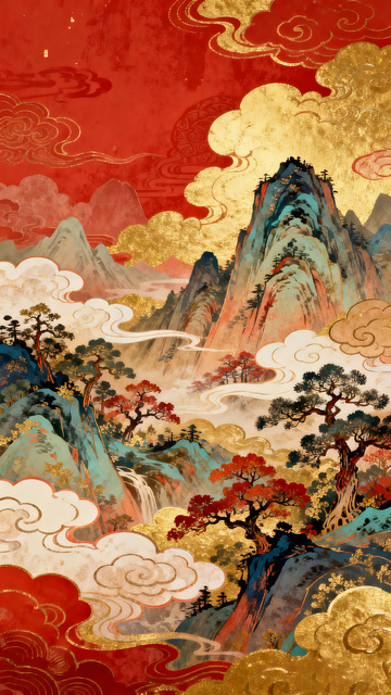 东方山水画金红云彩风光
