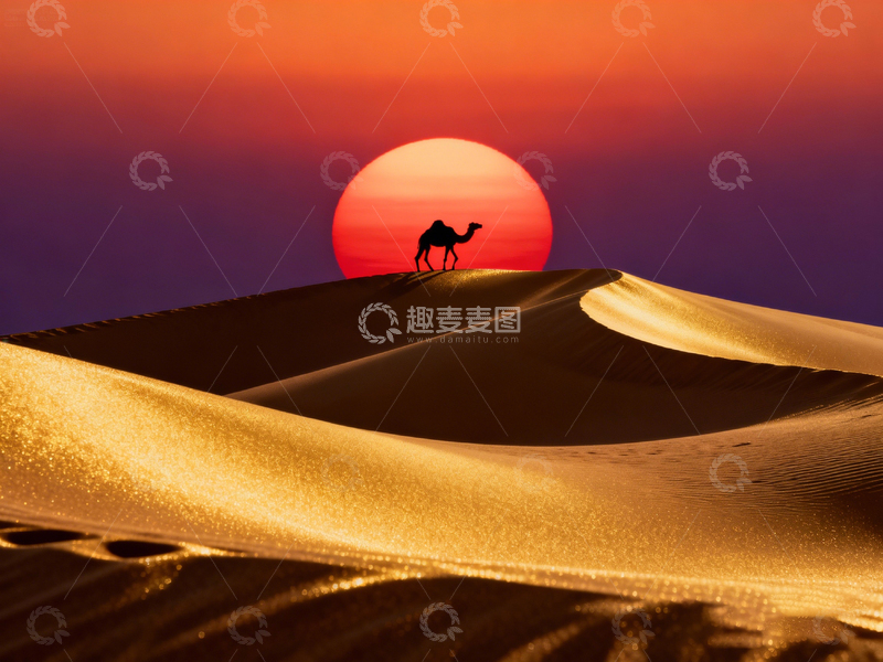 高清大图下载【趣麦麦图】沙漠落日骆驼剪影风光摄影