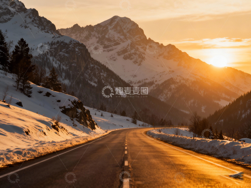 高清大图下载【趣麦麦图】雪山公路日落风光