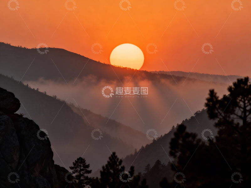 高清大图下载【趣麦麦图】山间日出霞光万丈