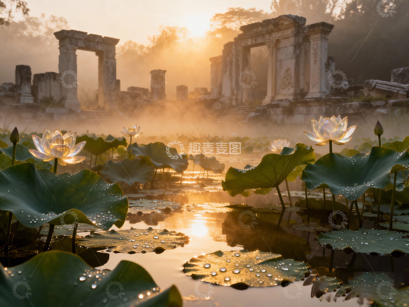 高清大图下载【趣麦麦图】古建晨雾荷花景