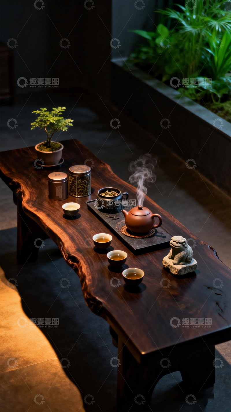高清大图下载【趣麦麦图】禅意茶室实木茶几茶具摆设