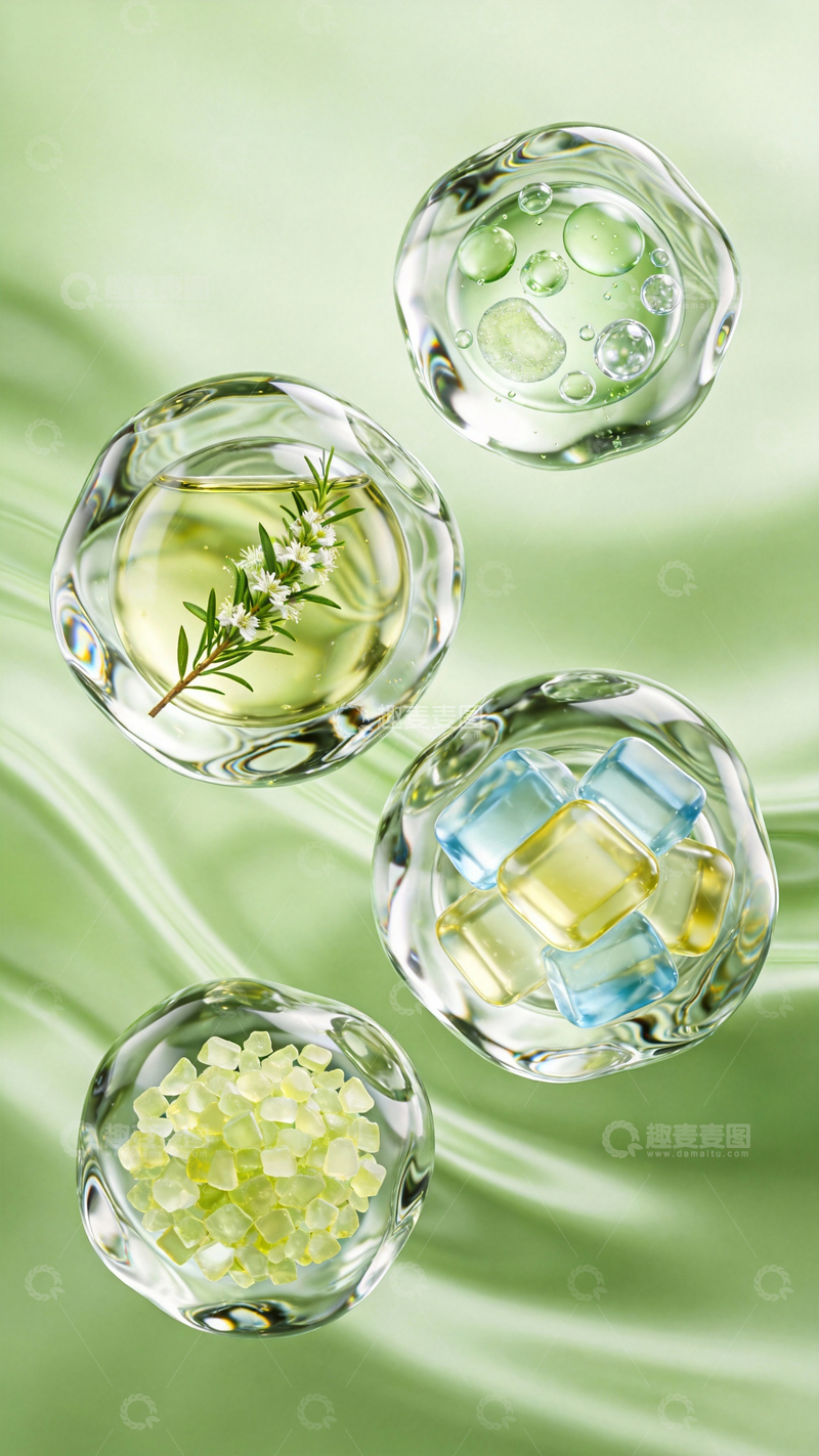 源文件下载【趣麦麦图】四个透亮的植物精华液态球3