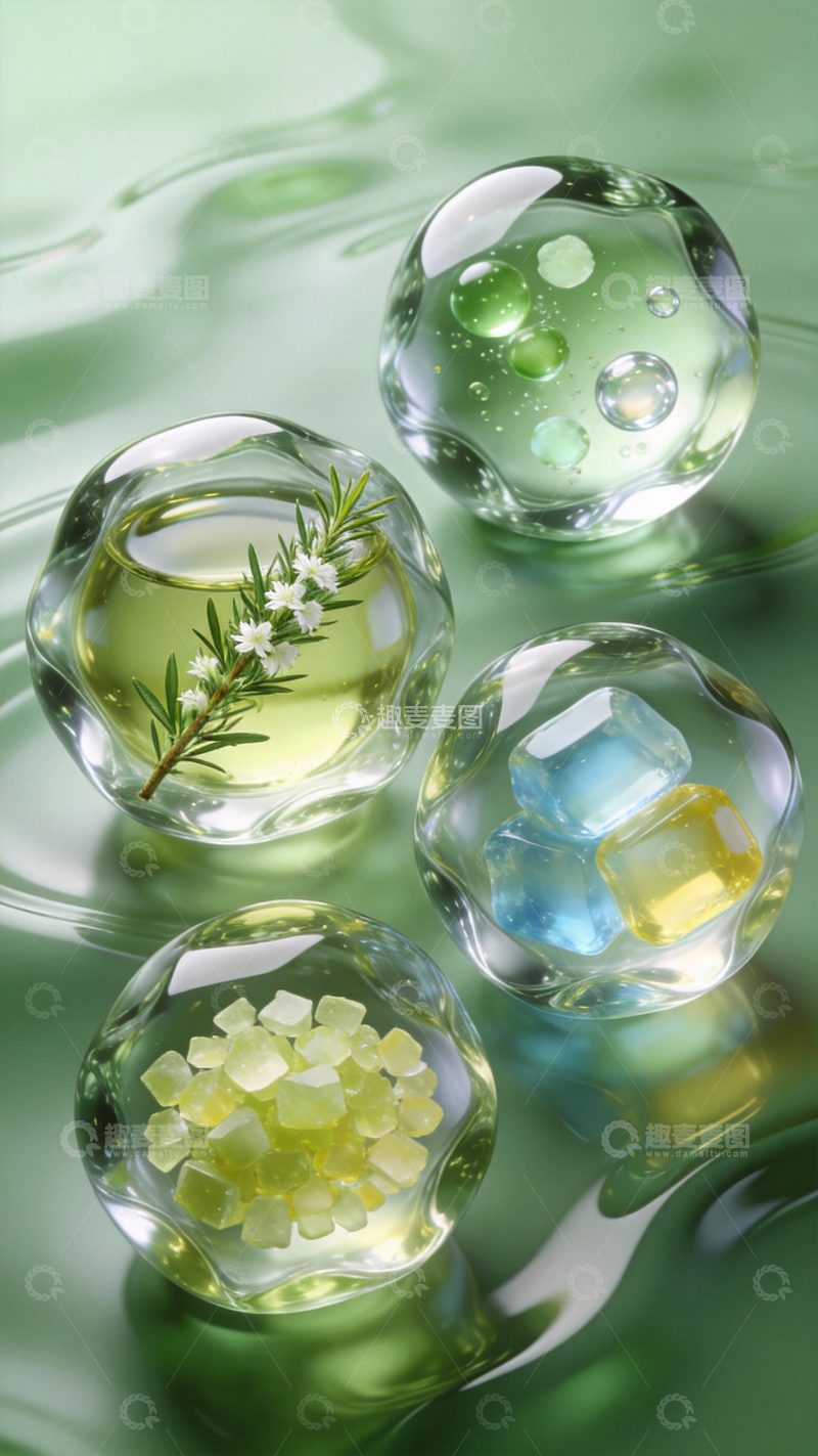 源文件下载【趣麦麦图】四个透亮的植物精华液态球1