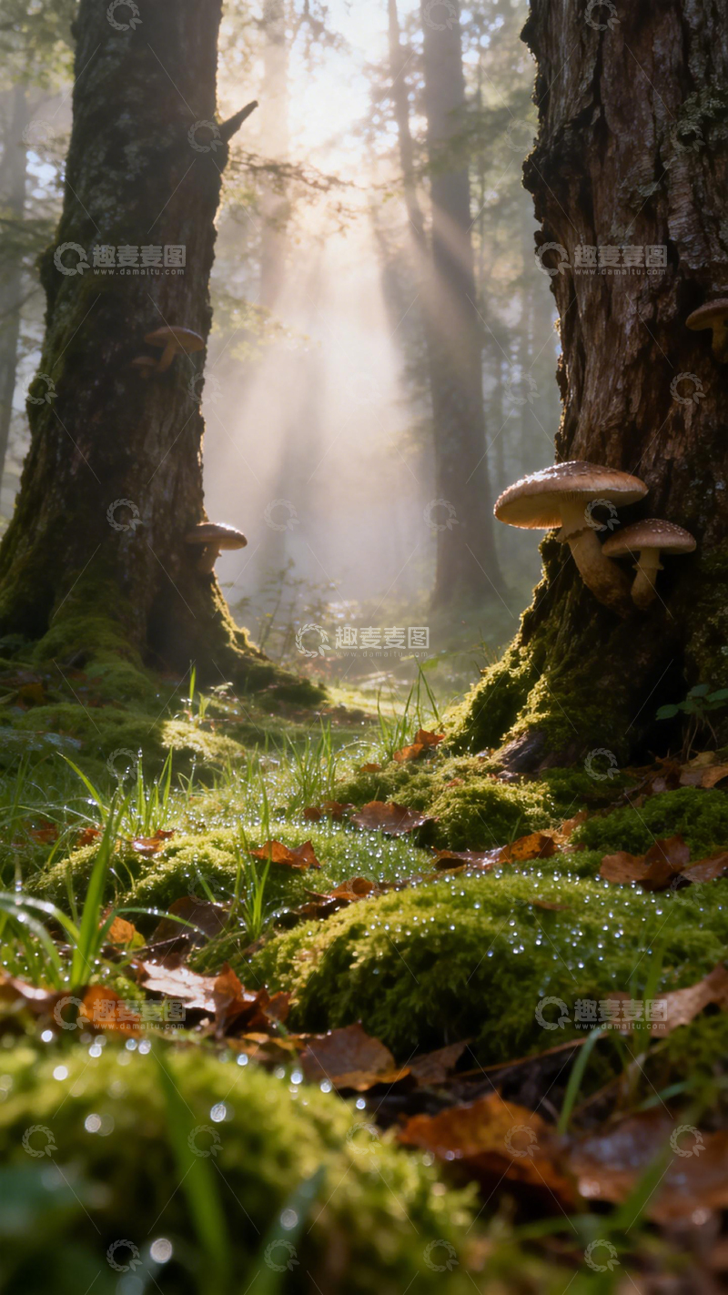 高清大图下载【趣麦麦图】森林晨光蘑菇景