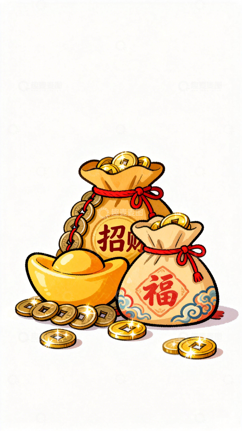 高清大图下载【趣麦麦图】招财进宝福袋装金币插画