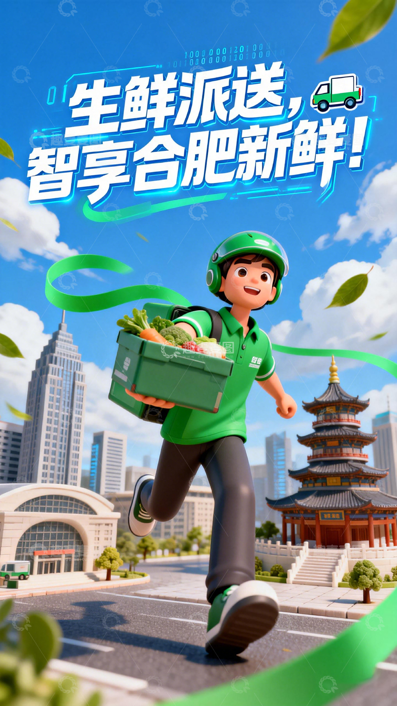 高清大图下载【趣麦麦图】生鲜派送员城市穿梭