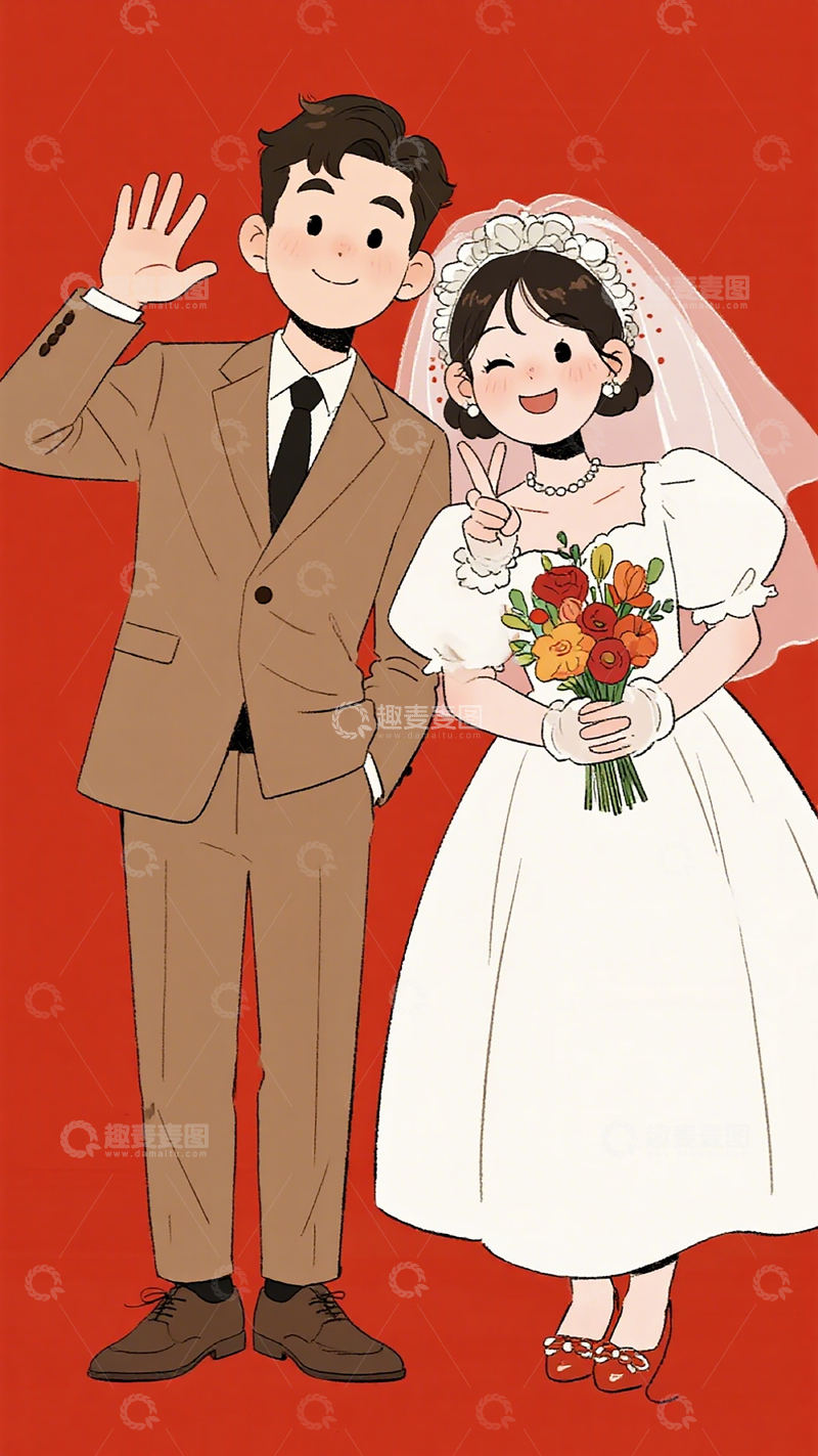 高清大图下载【趣麦麦图】卡通婚礼插画新人红色背景