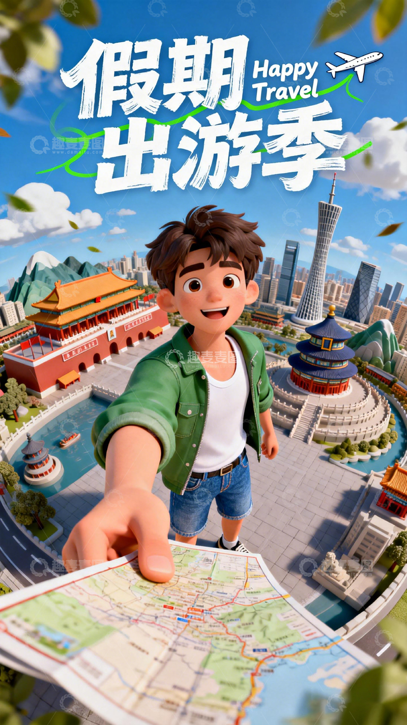 高清大图下载【趣麦麦图】假期出游季城市探险图