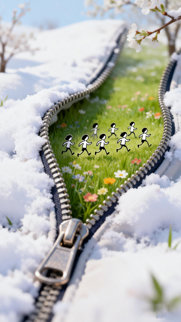 冰雪铁路奔跑小人创意插画