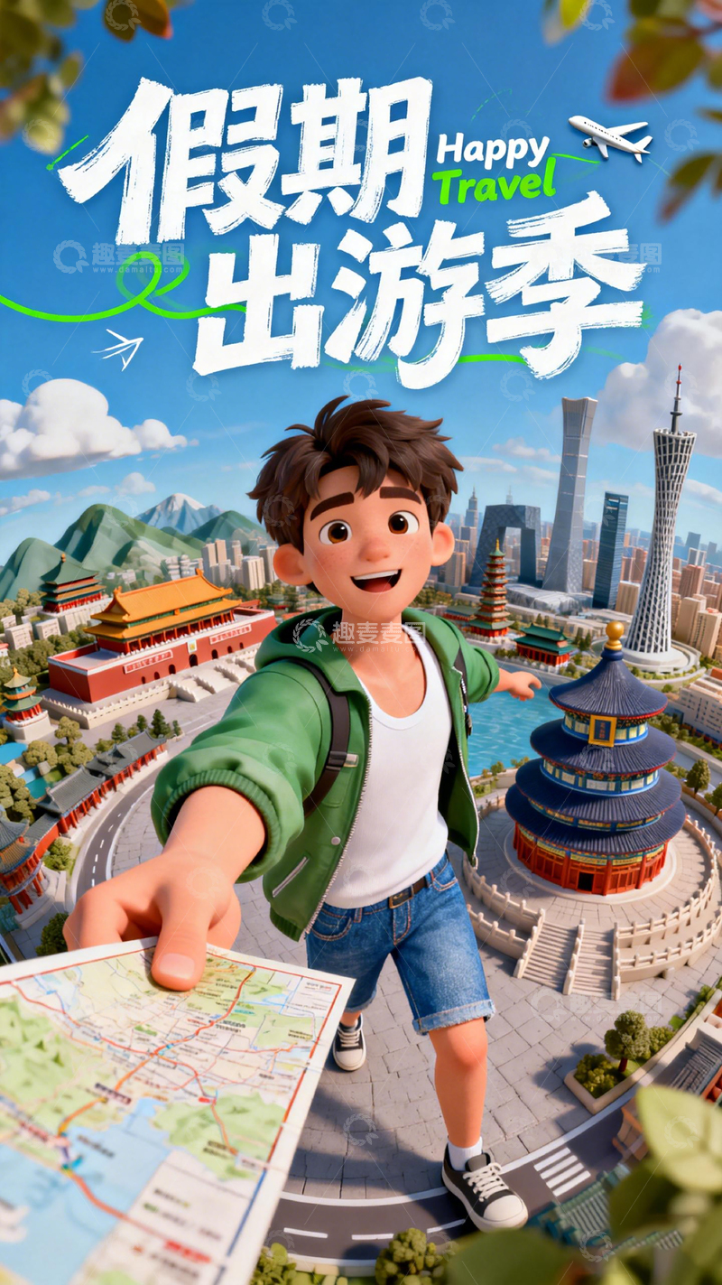 高清大图下载【趣麦麦图】假期出游季快乐旅行城市风景动画海报