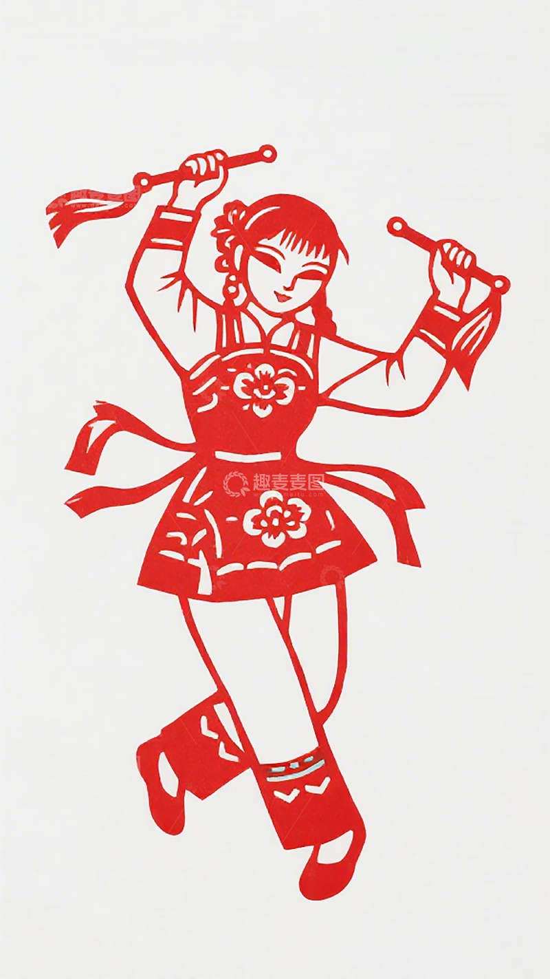高清大图下载【趣麦麦图】中国传统剪纸女孩舞乐图