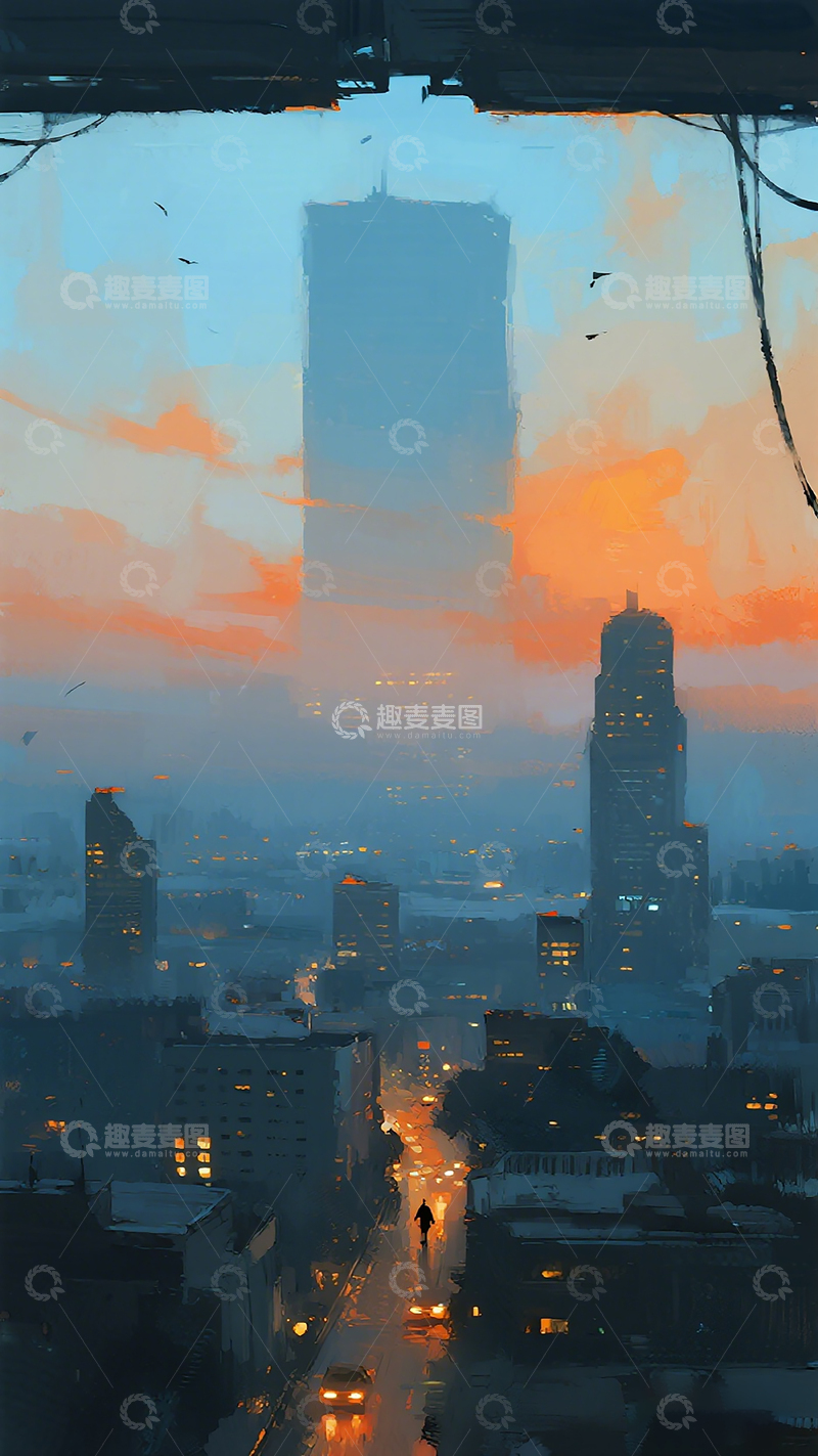 高清大图下载【趣麦麦图】都市黄昏科幻插画
