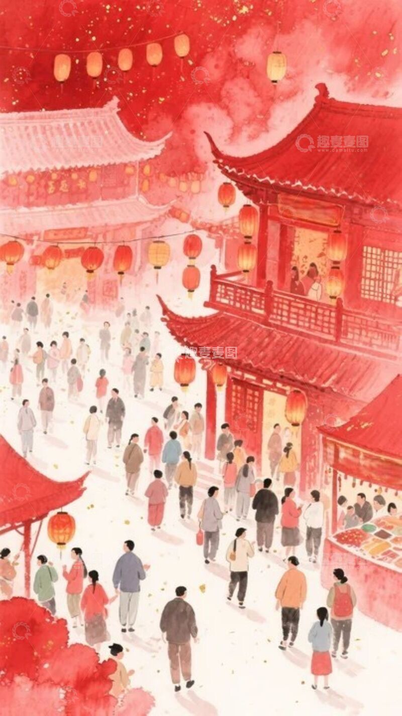 高清大图下载【趣麦麦图】红色喜庆节日市集插画