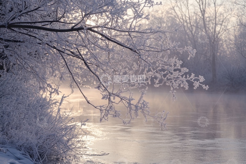 高清大图下载【趣麦麦图】冬季湖泊树枝雪景