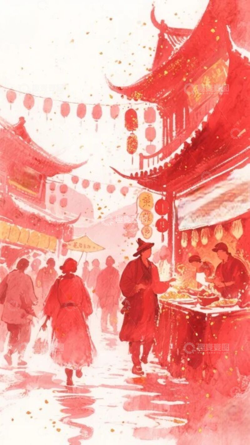 高清大图下载【趣麦麦图】红色节庆市场水墨画