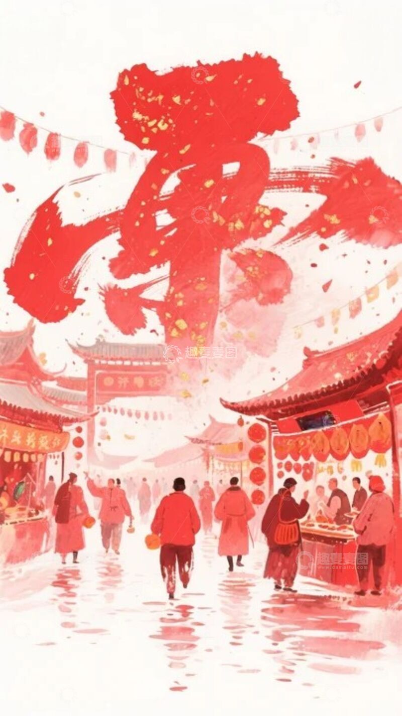 高清大图下载【趣麦麦图】春节庙会喜庆水彩画