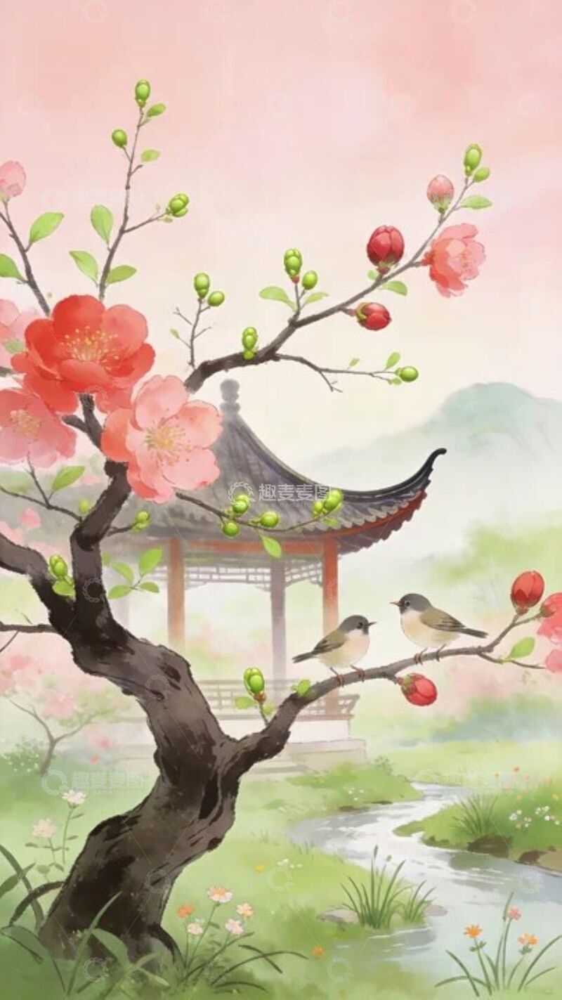 高清大图下载【趣麦麦图】春日园林花鸟水彩画