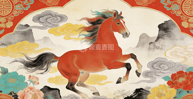 高清大图下载【趣麦麦图】中国风骏马山水画艺术插画