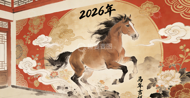高清大图下载【趣麦麦图】2026年马年吉祥传统壁画
