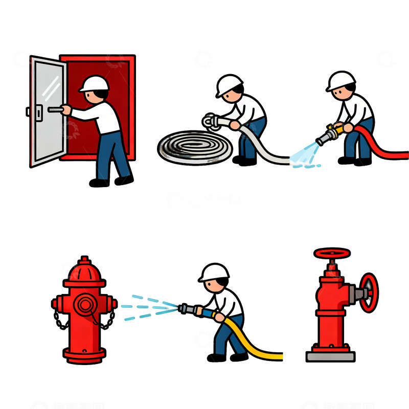 高清大图下载【趣麦麦图】卡通消防员救援工作流程图