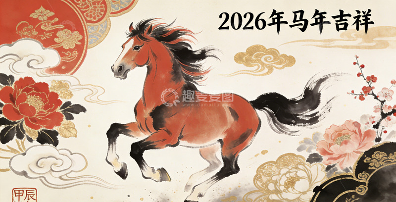 高清大图下载【趣麦麦图】马年吉祥国画风格装饰画