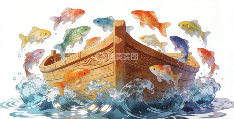 高清大图下载【趣麦麦图】彩绘金鱼木船插画