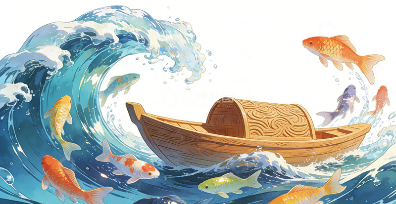 高清大图下载【趣麦麦图】海浪锦鲤木船插画