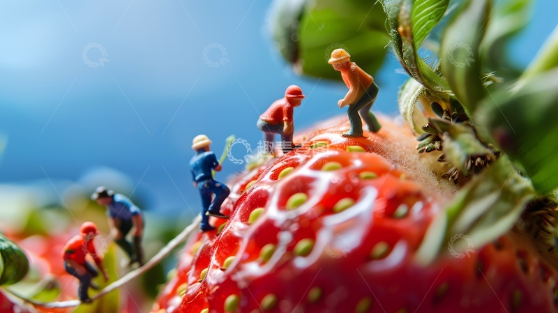 高清大图下载【趣麦麦图】微型人攀登草莓创意摄影