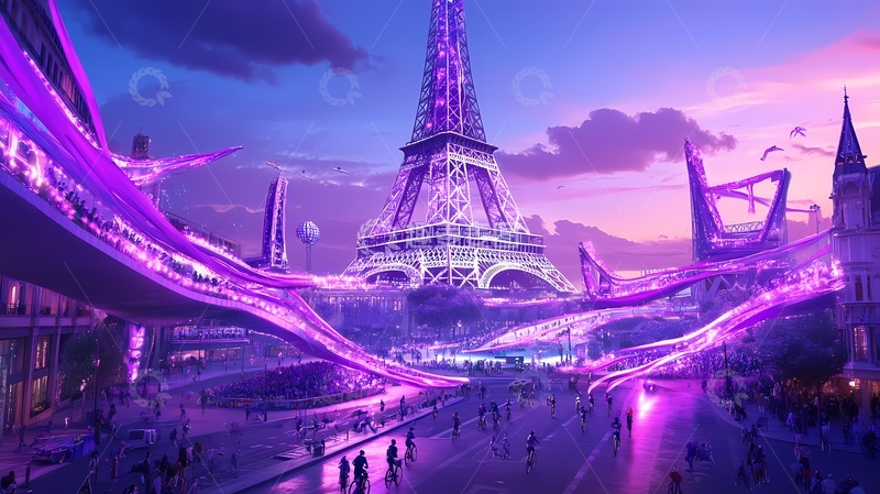 高清大图下载【趣麦麦图】未来科技巴黎夜景科幻插画