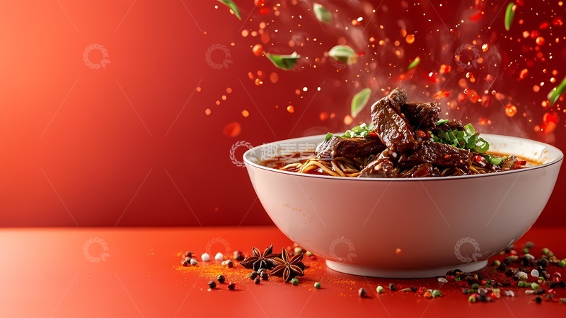 高清大图下载【趣麦麦图】红色背景牛肉面美食摄影