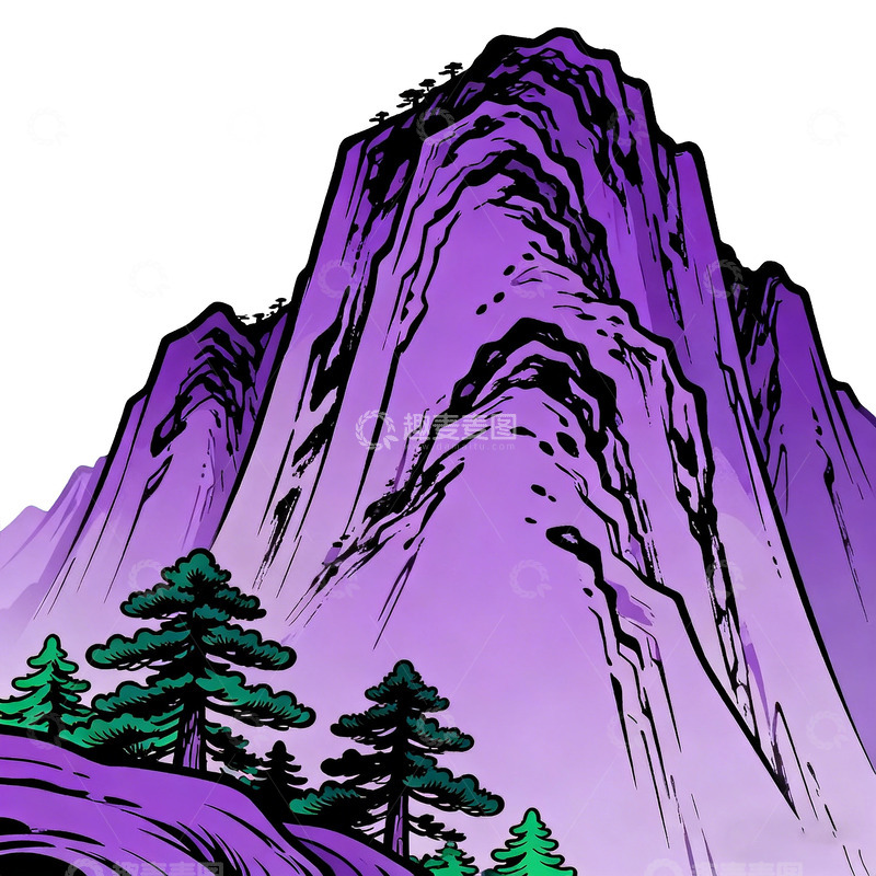 高清大图下载【趣麦麦图】紫色山峰松树插画
