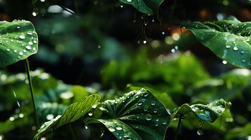 热带雨林雨滴绿叶摄影