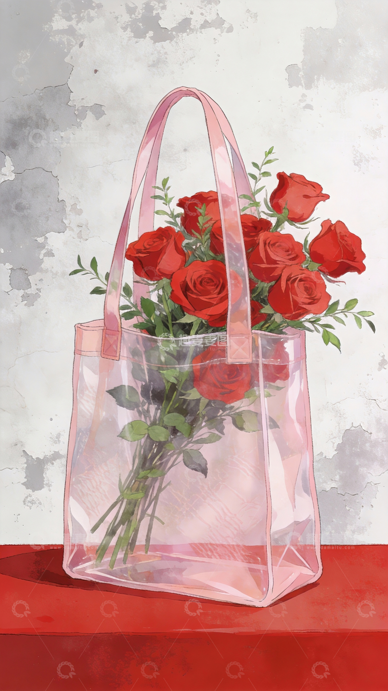 源文件下载【趣麦麦图】静物插画透明塑料袋里的玫瑰花4