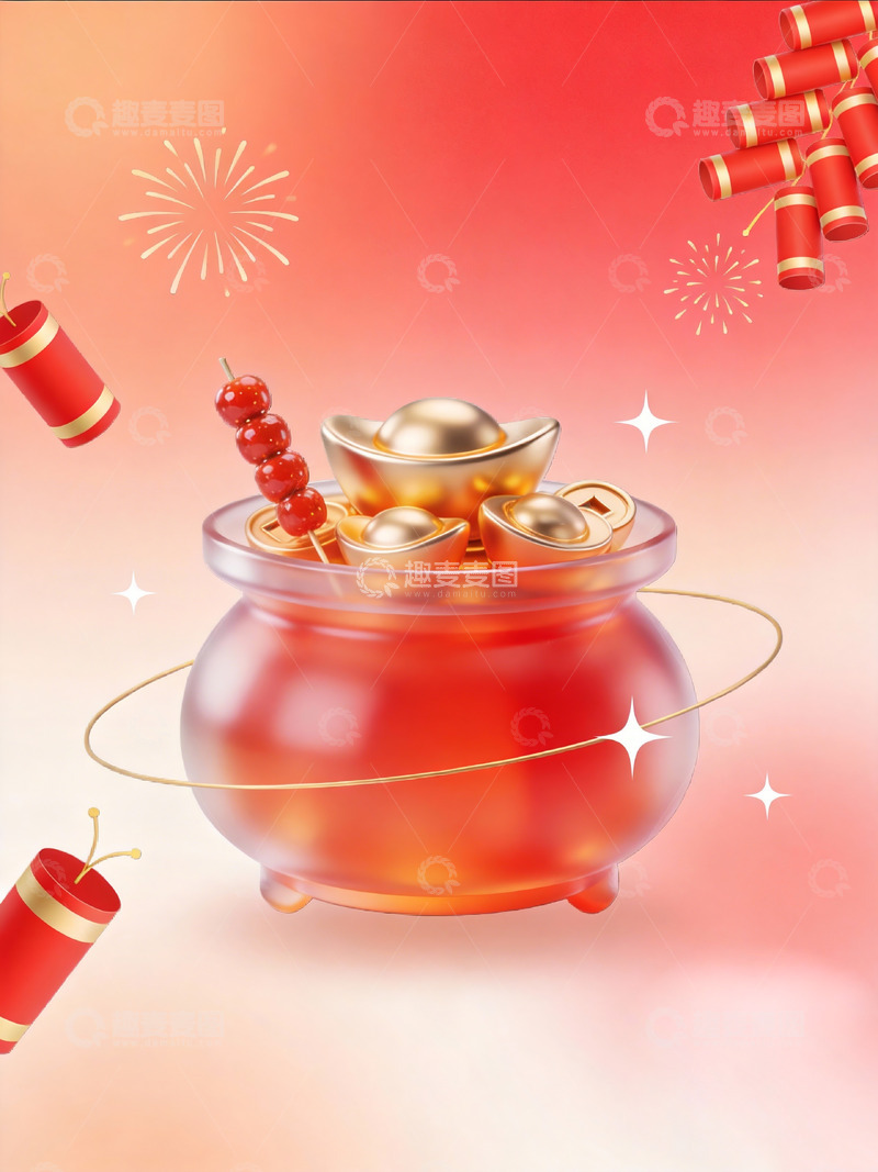 高清大图下载【趣麦麦图】柔焦红色聚宝盆新年海报2