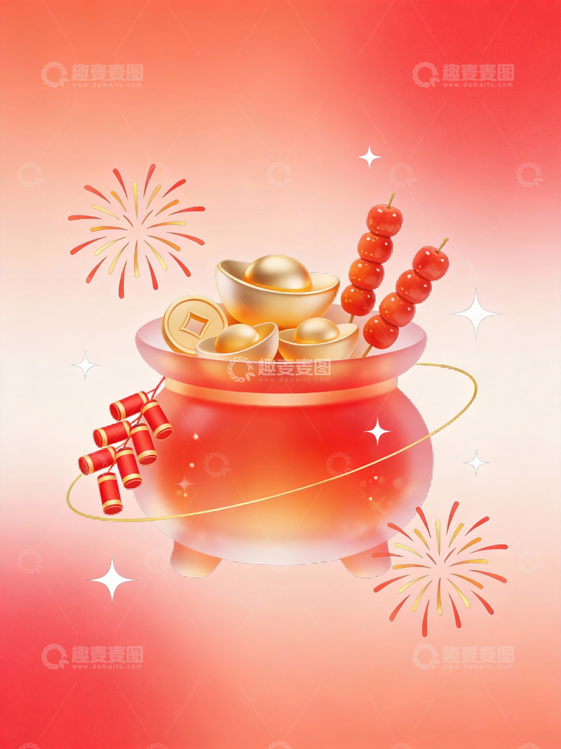 高清大图下载【趣麦麦图】柔焦红色聚宝盆新年海报