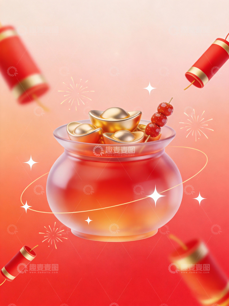 高清大图下载【趣麦麦图】柔焦红色聚宝盆新年海报3