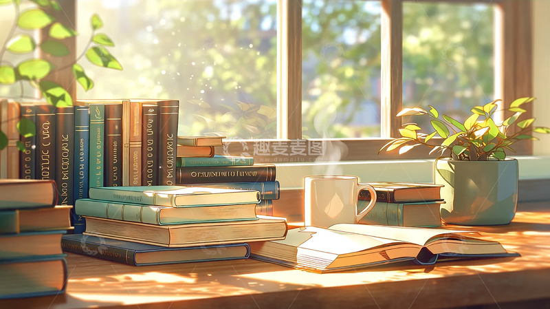 高清大图下载【趣麦麦图】阳光洒落的书房静谧角落