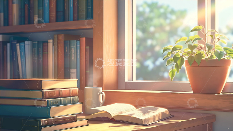 高清大图下载【趣麦麦图】阳光洒落的静谧书房
