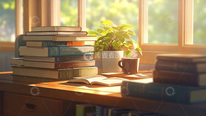 高清大图下载【趣麦麦图】阳光洒落的静谧书房时光
