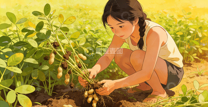 高清大图下载【趣麦麦图】田园风少女摘花生插画