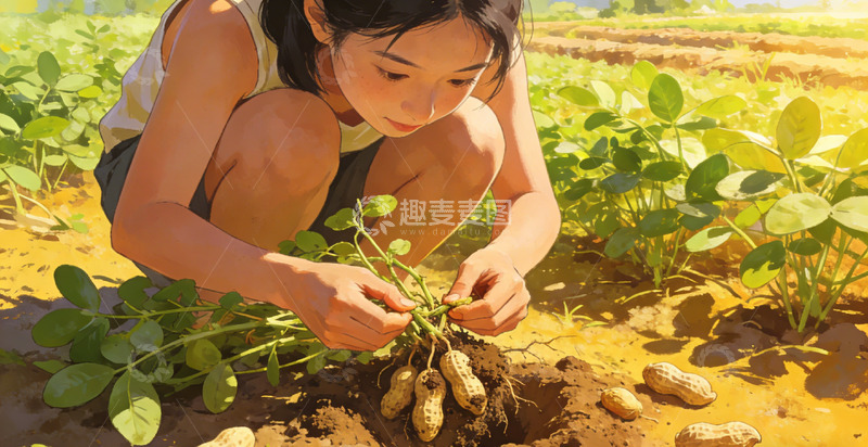 高清大图下载【趣麦麦图】田园风花生采摘插画