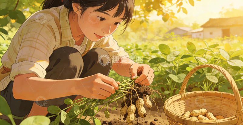 高清大图下载【趣麦麦图】田园风女孩采摘花生插画素材