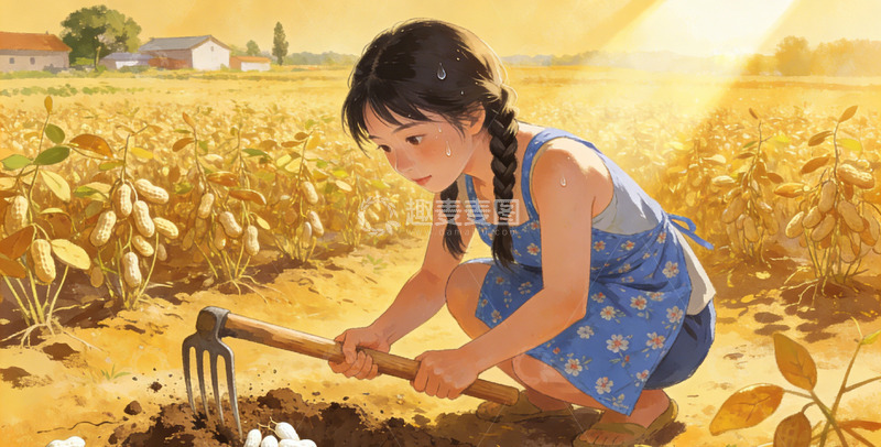高清大图下载【趣麦麦图】田园风光少女劳作拔花生插画